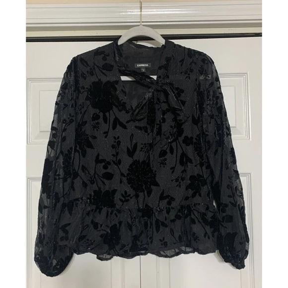 Express Black Velvet Burnout Whimsy Goth Fairy Goth Peplum Top Size M (AA2) - Picture 1 of 11
